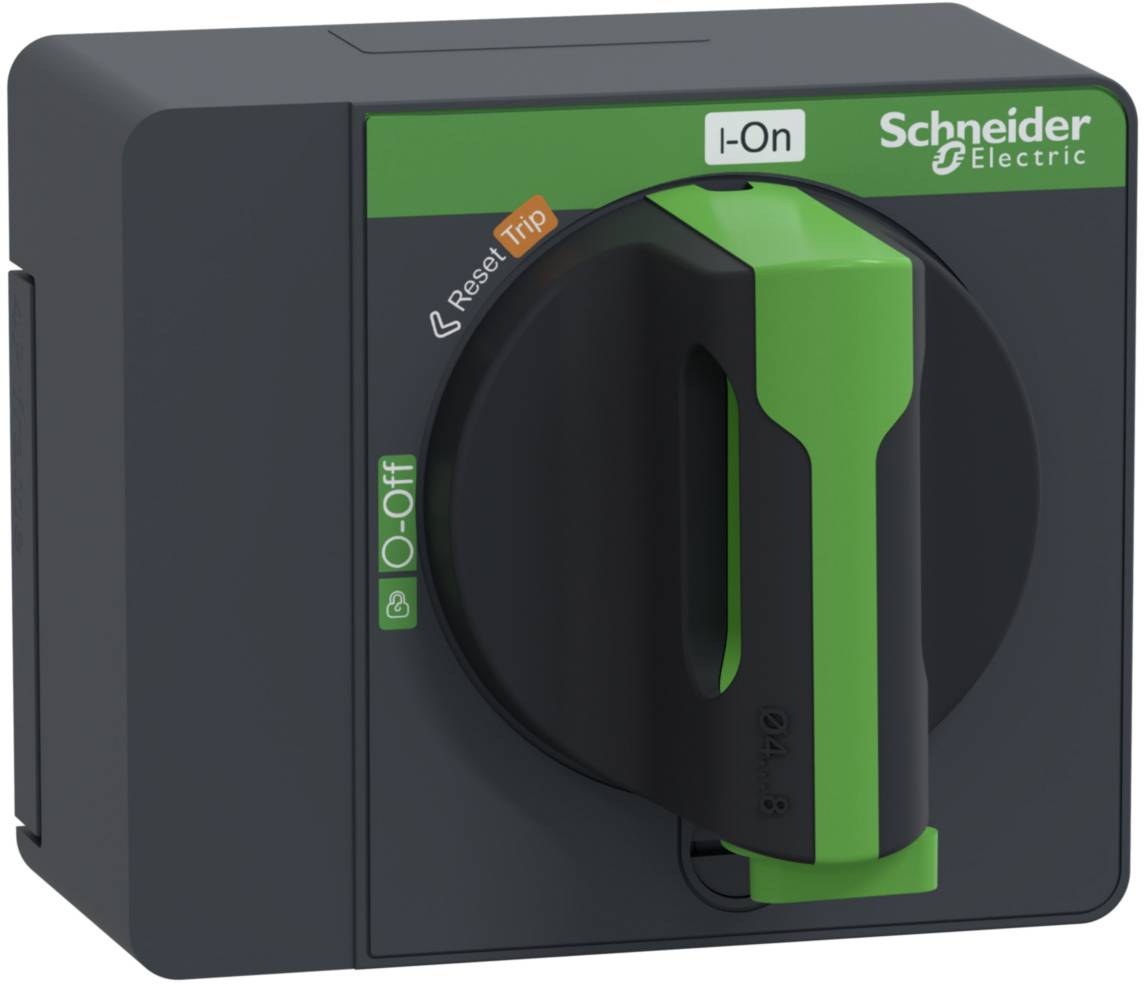 Un sectionneur vert de Schneider Electric avec les positions '0-Arrêt', 'I-Marche', 'Réinitialisation' et 'Déclenchement'.