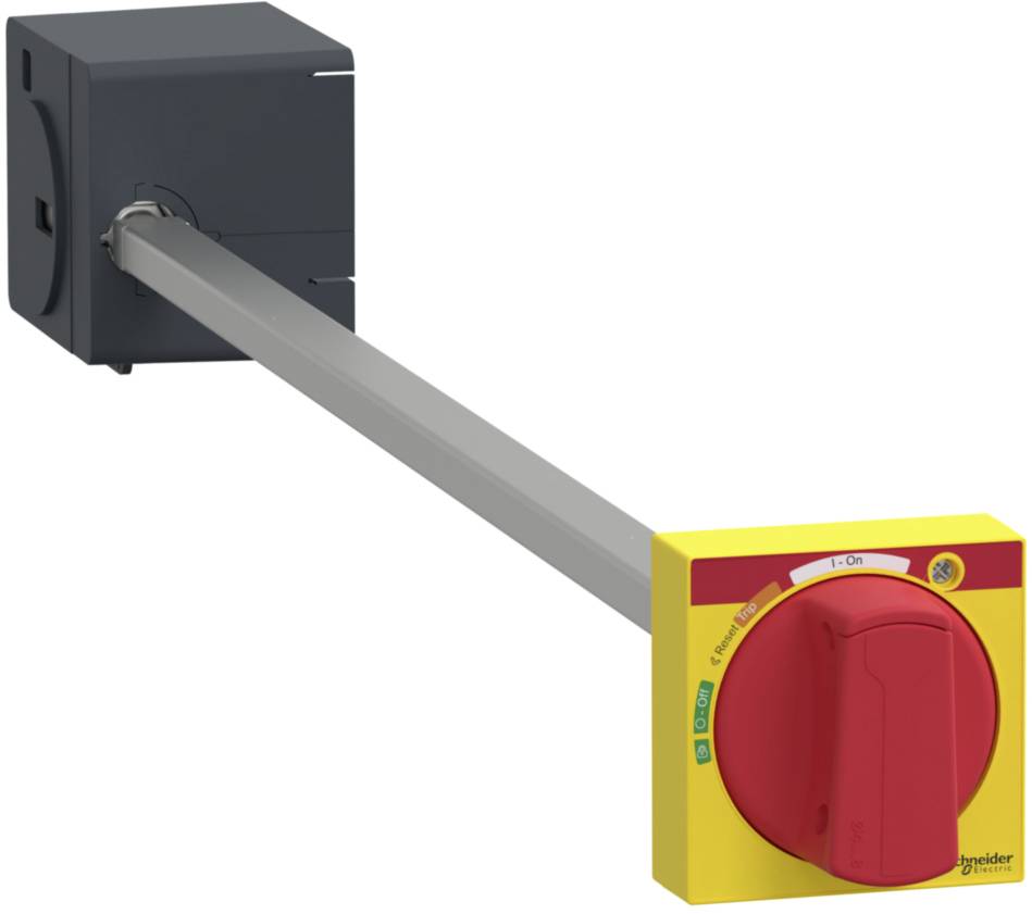 Bouton d'arrêt d'urgence à bouton rouge sur fond jaune, relié par une tige métallique. Sert à l'arrêt immédiat de la machine.