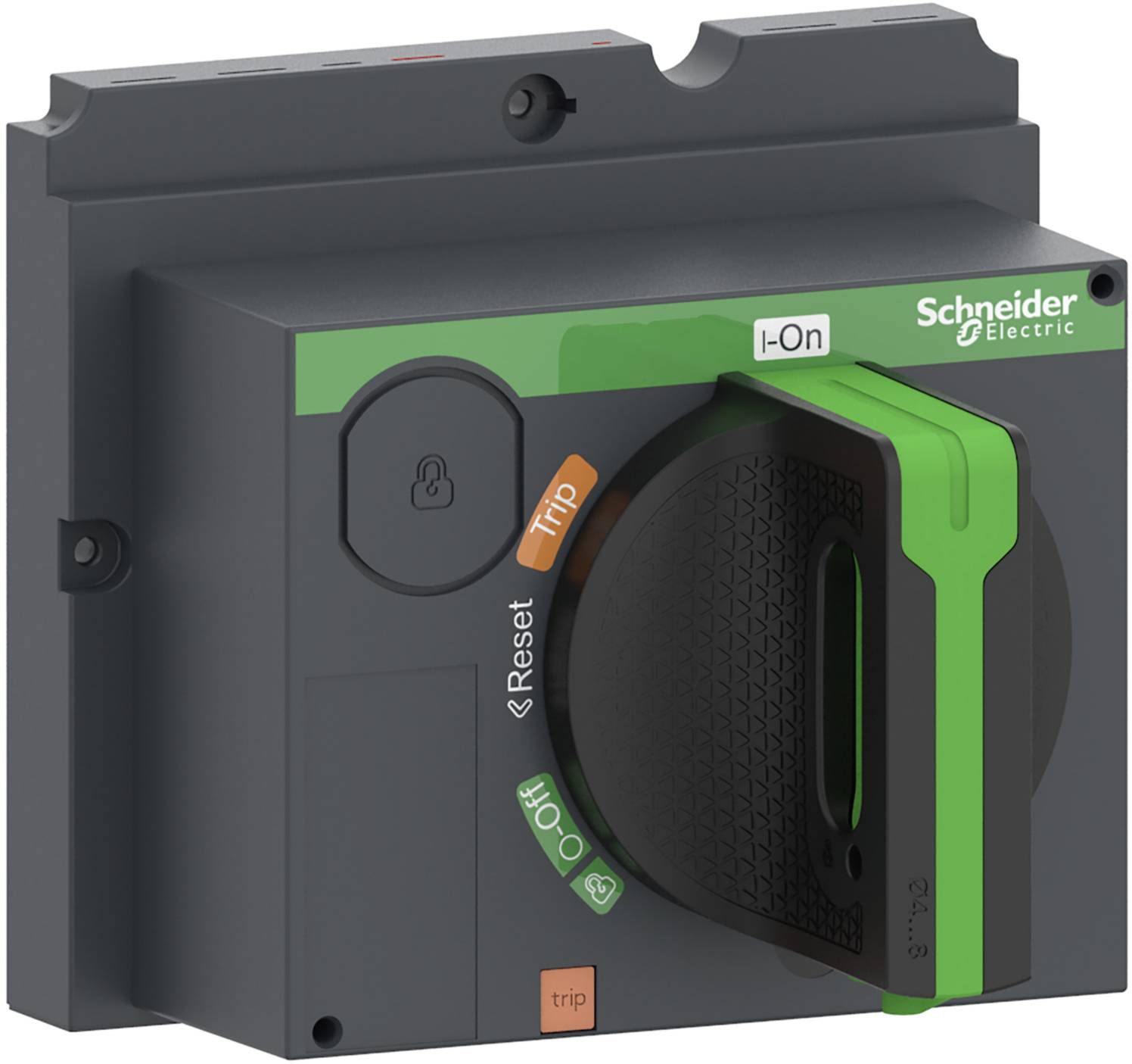 Interrupteur de Schneider Electric avec position verte 'I-On', rouge 'Trip', orange 'Reset' et marquages verts 'Off'.