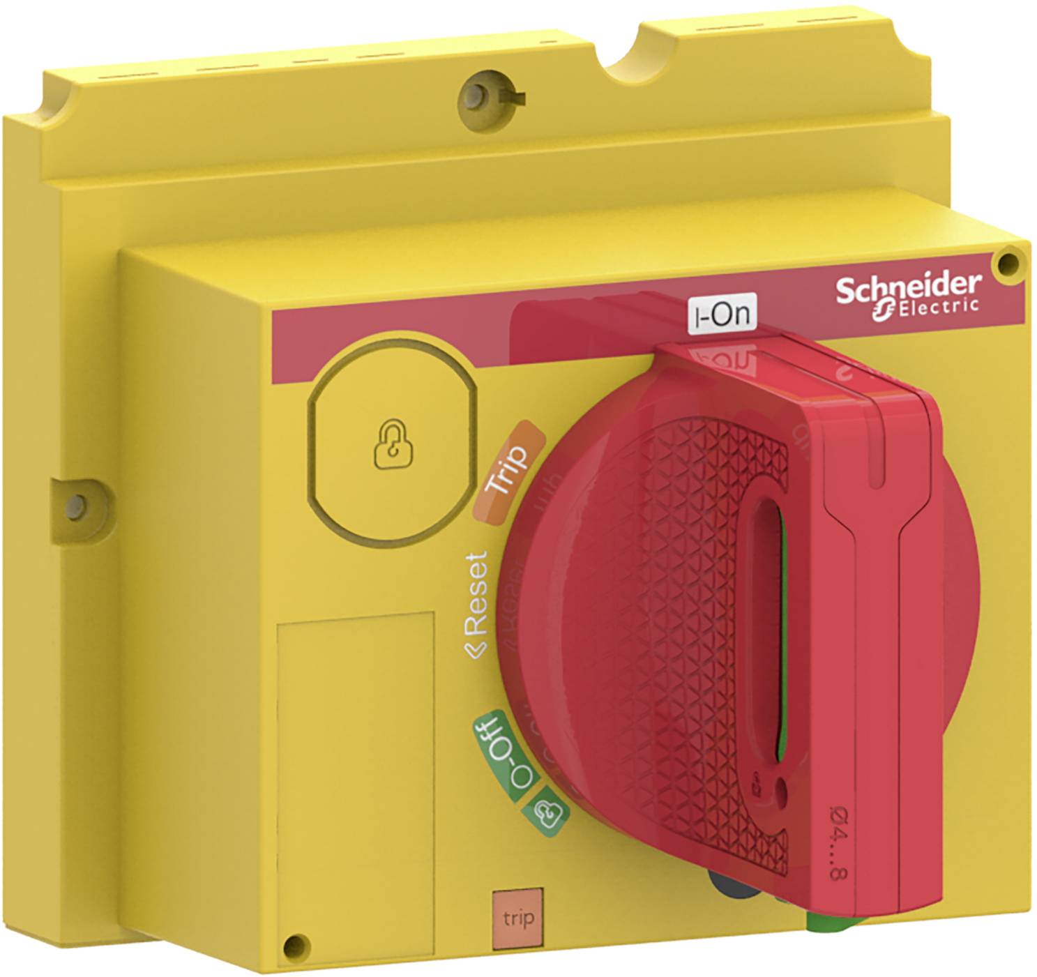 Interrupteur principal jaune de Schneider Electric avec poignée de rotation rouge en position 
