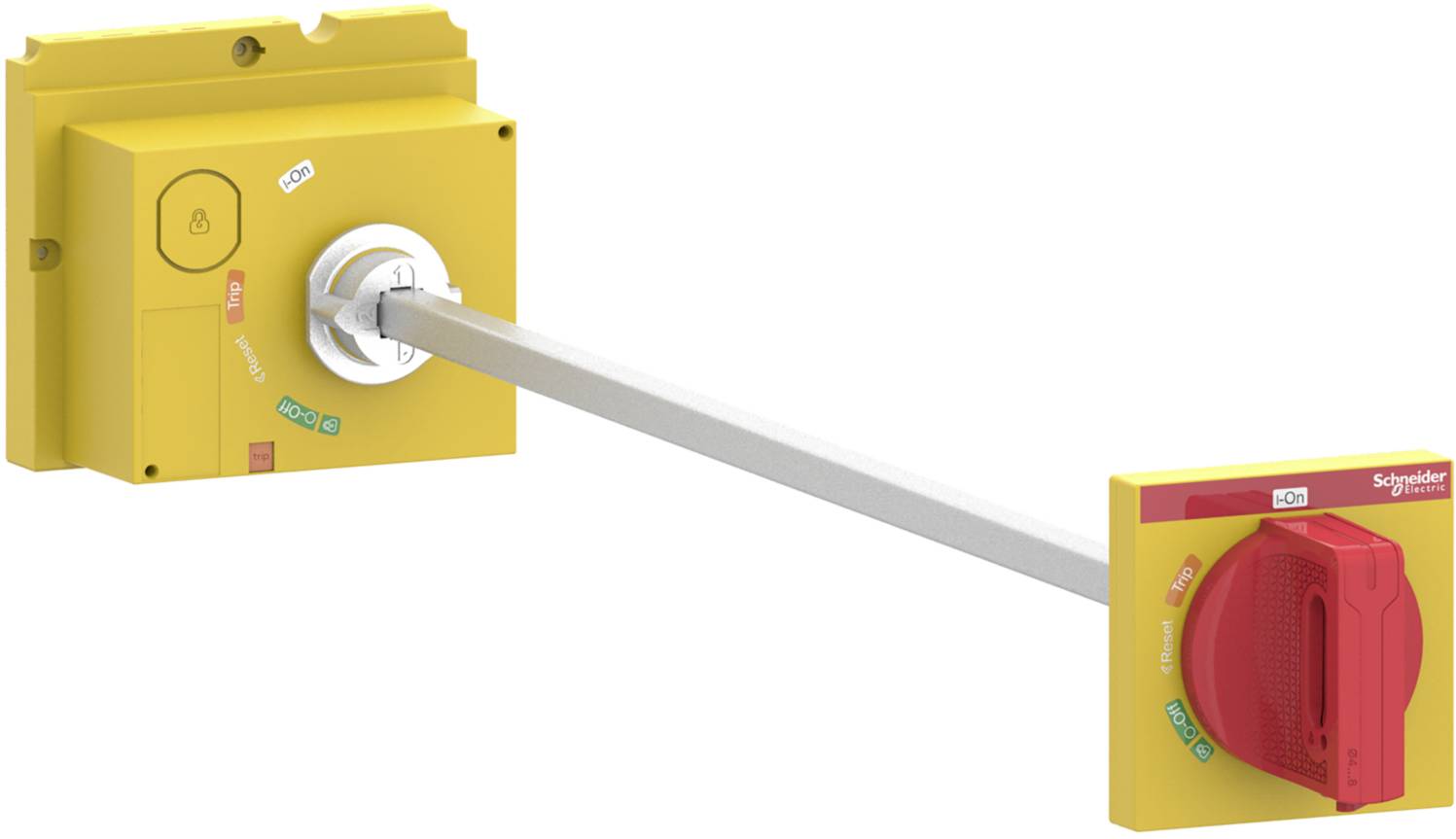 Un interrupteur de boîtier jaune avec tige de commande prolongée et poignée de contrôle rouge. Utilisé pour la sécurité électrique industrielle.
