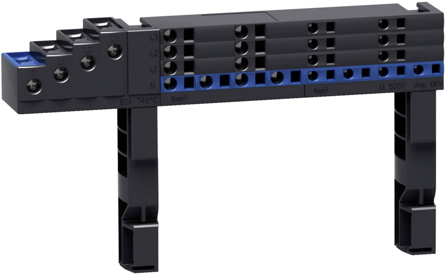Un module de connexion électrique noir et bleu avec plusieurs ports, conçu pour être fixé dans un système de commutation.