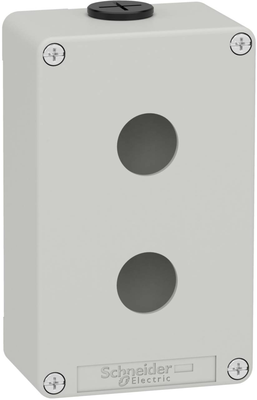 Boîtier en saillie double en plastique de couleur grise, avec des ouvertures pour boutons-poussoirs, adapté pour l'installation d'éléments de commutation.
