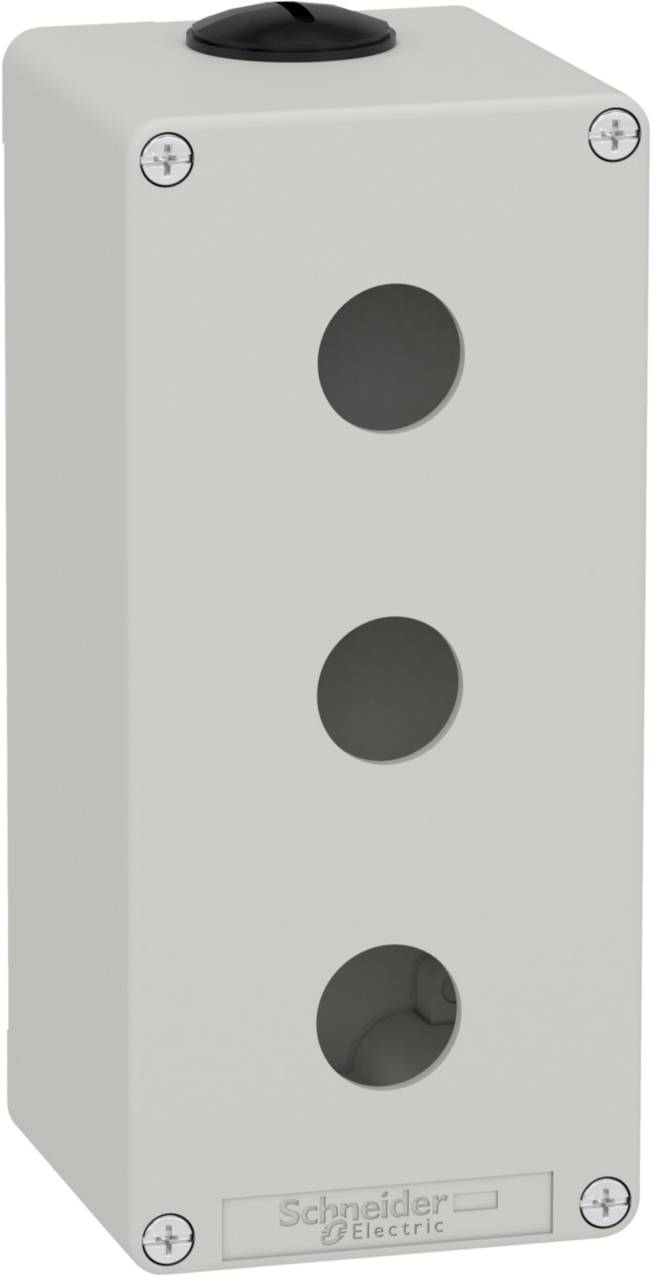Boîtier gris avec trois ouvertures rondes disposées verticalement, adapté pour les unités de contrôle, marque 'Schneider Electric', vissé à un angle.