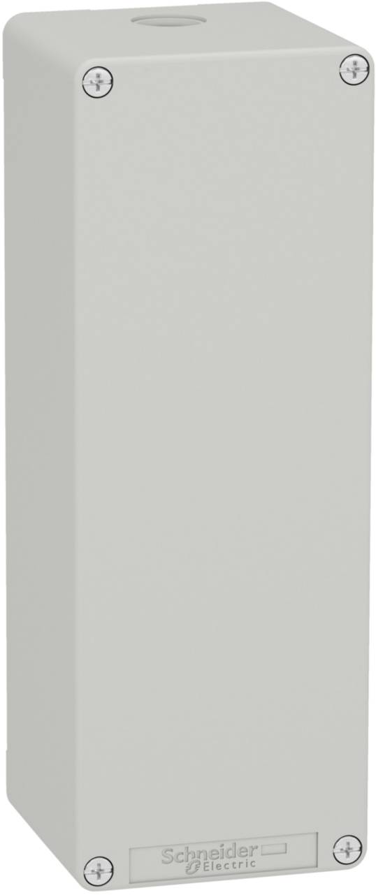 Boîtier rectangulaire gris avec quatre vis aux coins et un logo 'Schneider Electric' en bas.