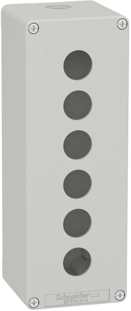 Boîtier rectangulaire gris avec six découpes rondes. Marqué 'Schneider Electric' en bas.