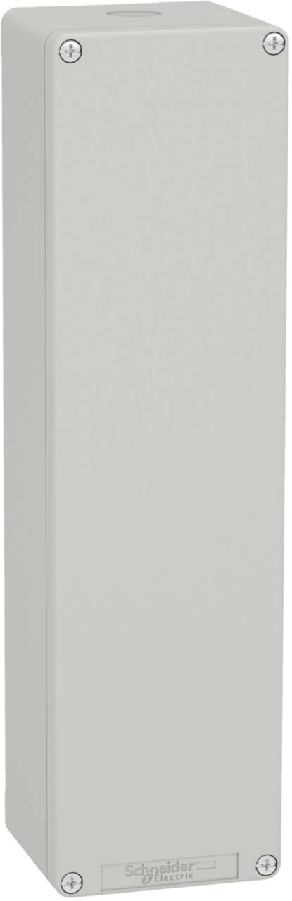 Boîtier électrique long et gris avec des vis aux angles et un logo sur la face inférieure. Utilisé pour le rangement de composants électriques.