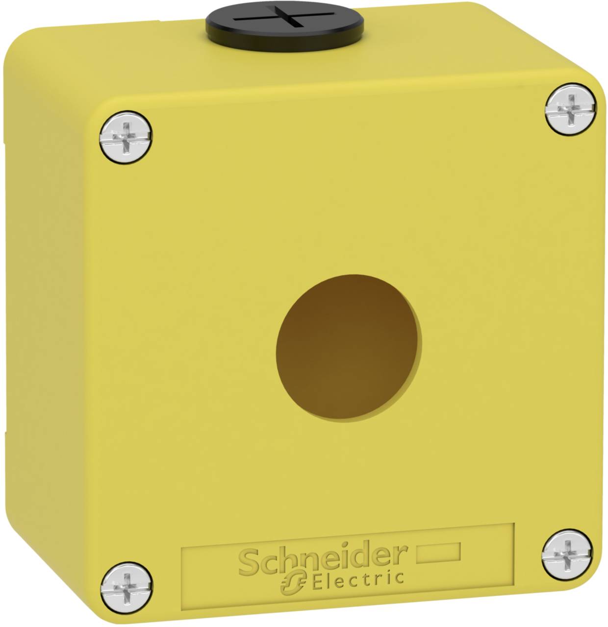 Boîtier jaune de Schneider Electric avec un trou rond au centre et des vis sur les coins.