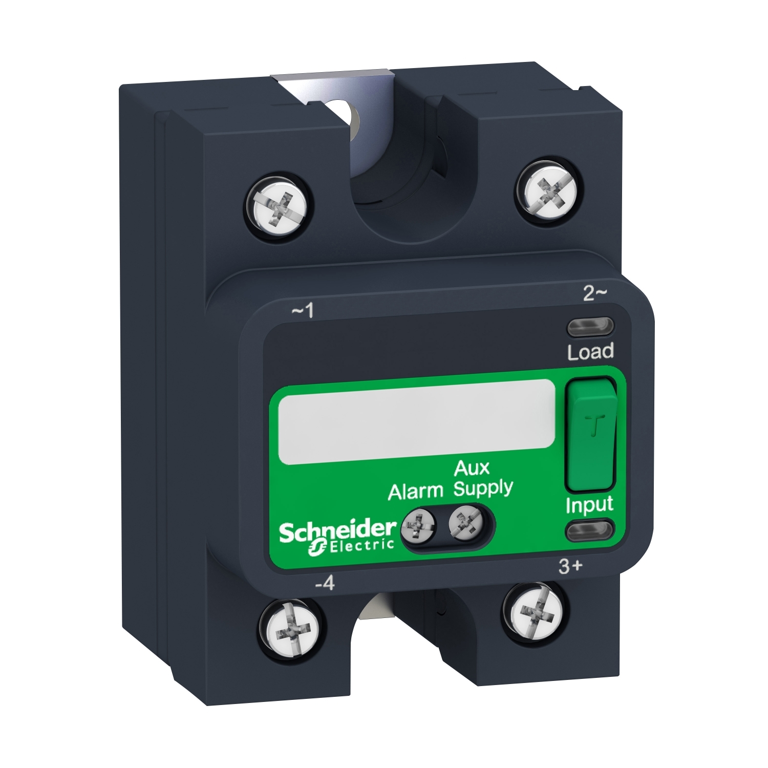 Relais statique électrique de Schneider Electric avec vue de face. Design vert et noir, marqué 'Load', 'Input' et 'Alarm Supply'.