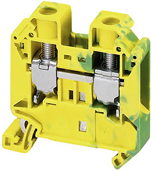 Un bloc de bornes électrique jaune avec des rayures vertes, deux connexions à vis et des parties métalliques, pour le câblage des fils.