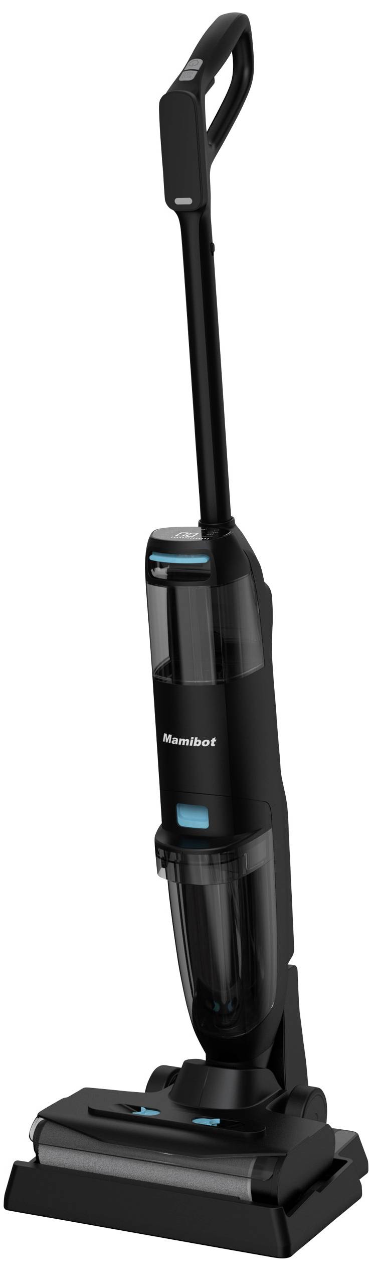 Un aspirateur sans fil noir avec un accent bleu, debout verticalement. Adapté pour le nettoyage des sols sans fil.