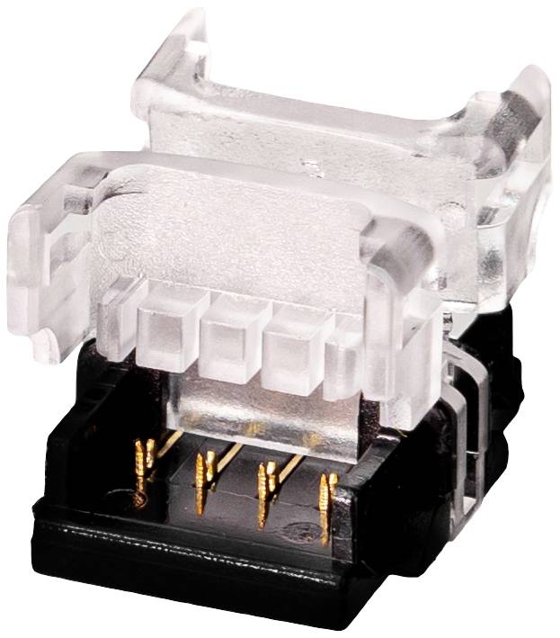 Un connecteur réseau RJ45 transparent avec des contacts dorés, soulignant la connexion de composants électriques dans un réseau.