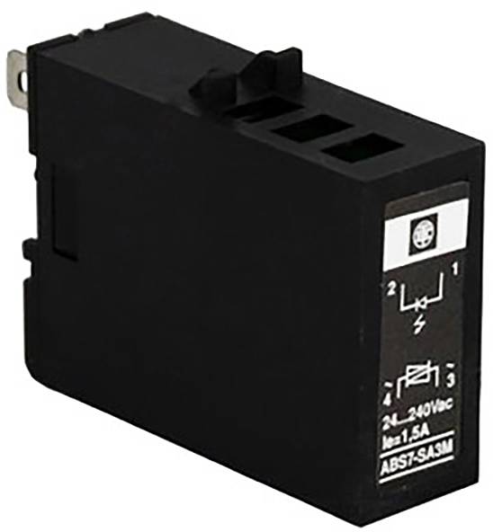 Un relais électrique noir avec plusieurs bornes et une étiquette sur le devant indiquant des détails techniques.