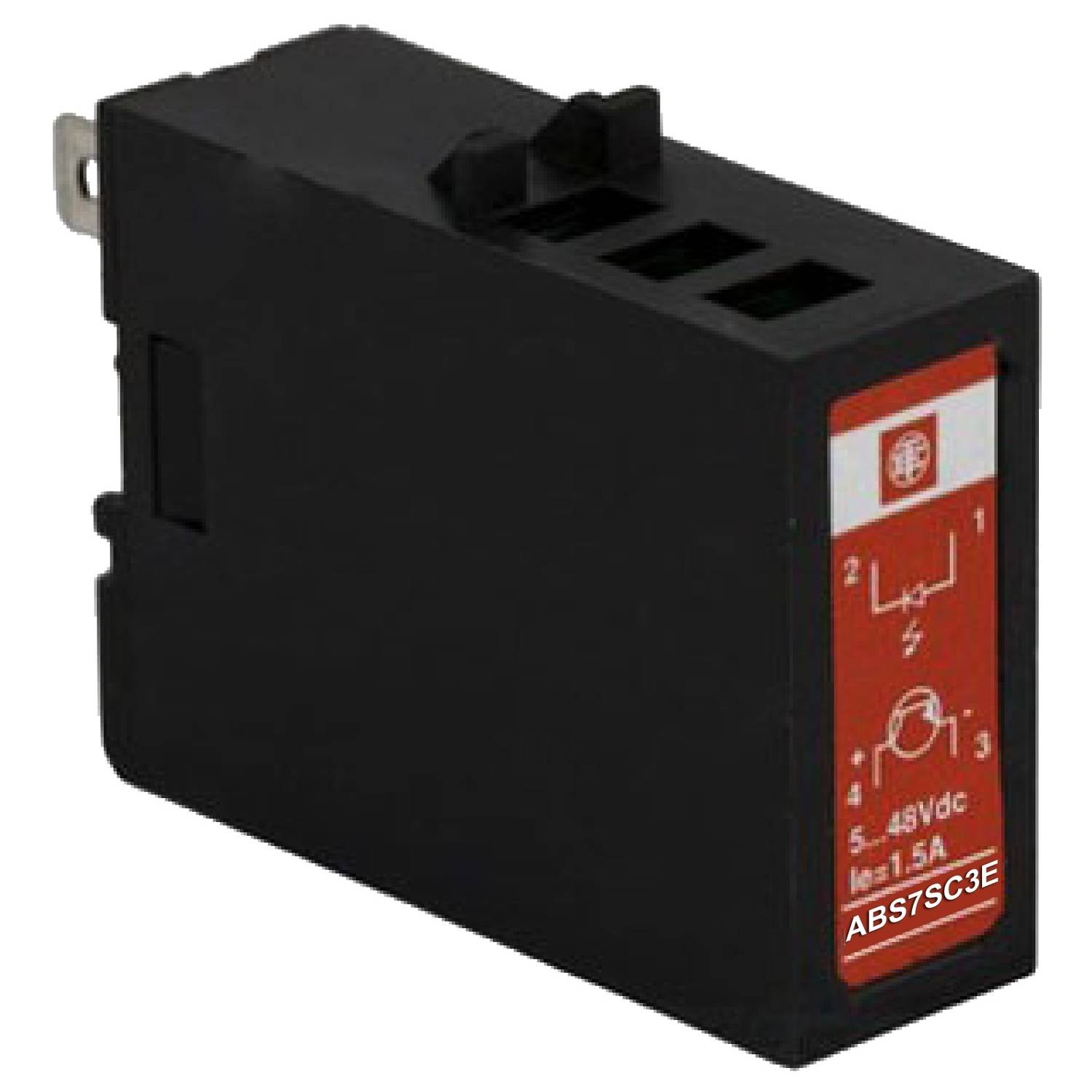 Relais électrique noir avec des marquages rouges et blancs, identifié par '5...48Vdc' et '1,5A', numéro de modèle 'ABS7SC3E'.