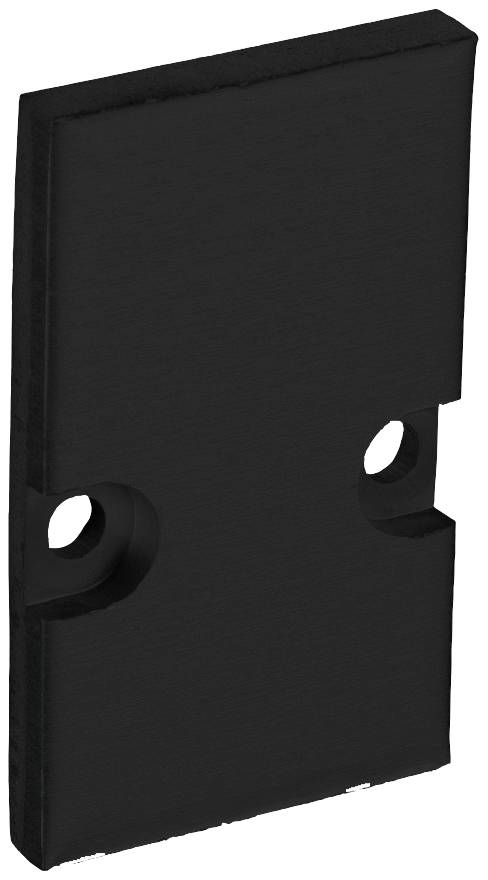 Pièce rectangulaire noire avec deux découpes circulaires au centre.