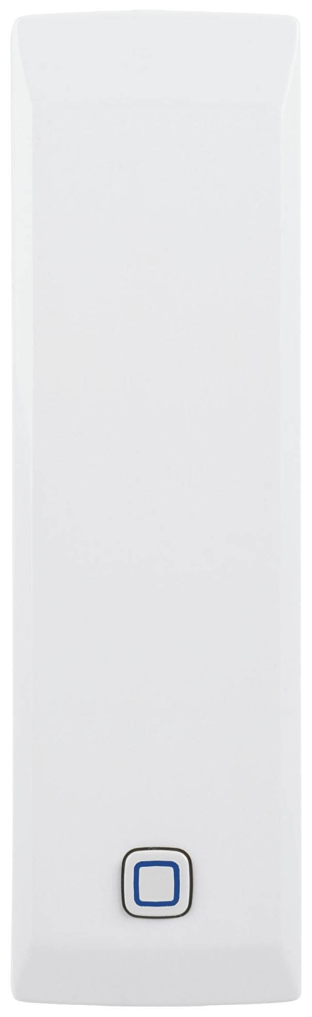 Un appareil blanc rectangulaire avec un bouton bleu en bas. Il présente une surface lisse et un design épuré.