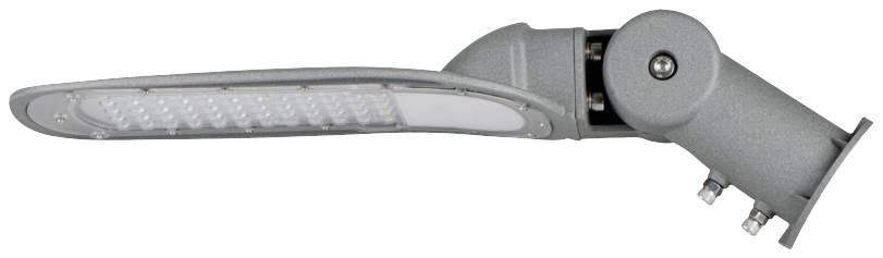 Lampadaire LED en vue latérale avec un boîtier gris et plusieurs lampes LED visibles, conçu pour être monté sur un poteau.