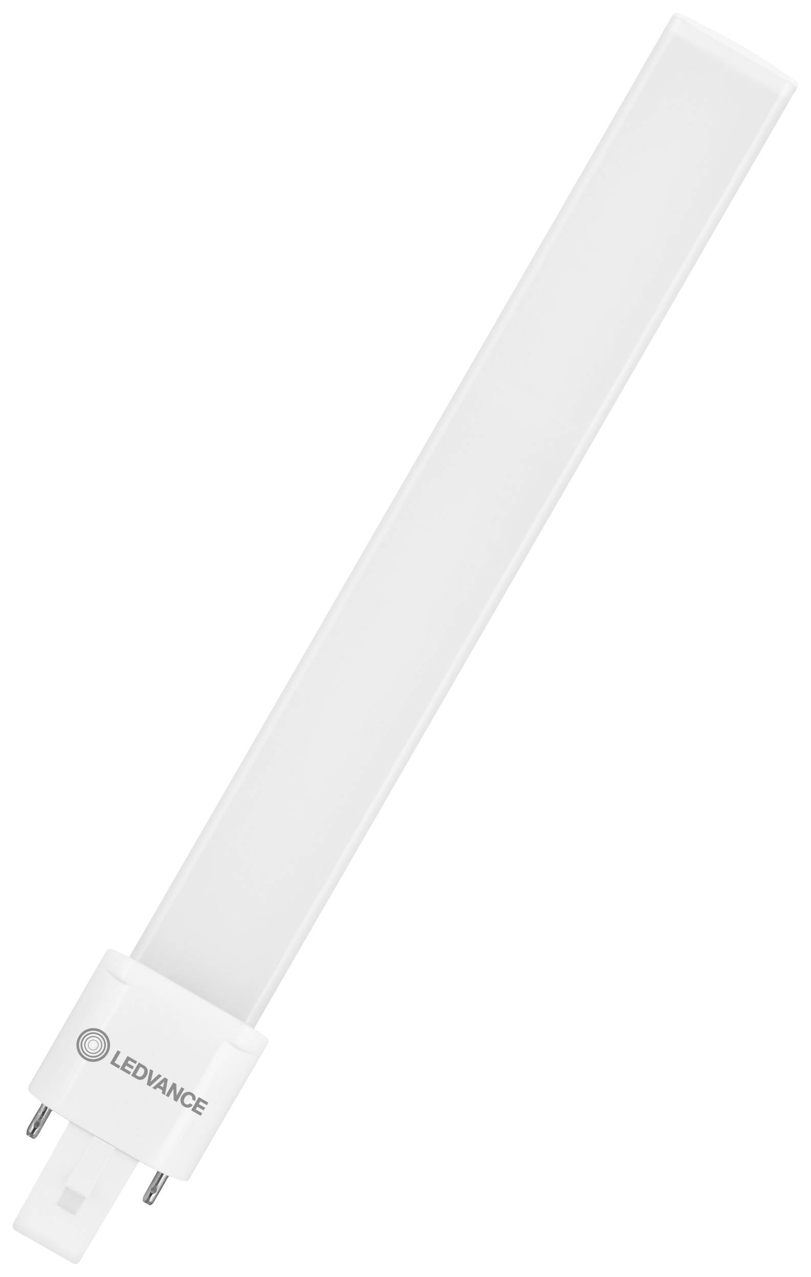 Un tube fluorescent LED blanc de LEDVANCE avec un culot G23, positionné verticalement. Solution d'éclairage moderne et économe en énergie.