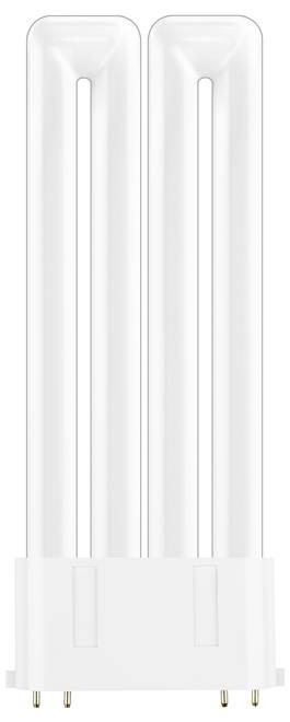Une ampoule fluorescente compacte avec un tube en verre en forme de U et quatre broches métalliques à la base.