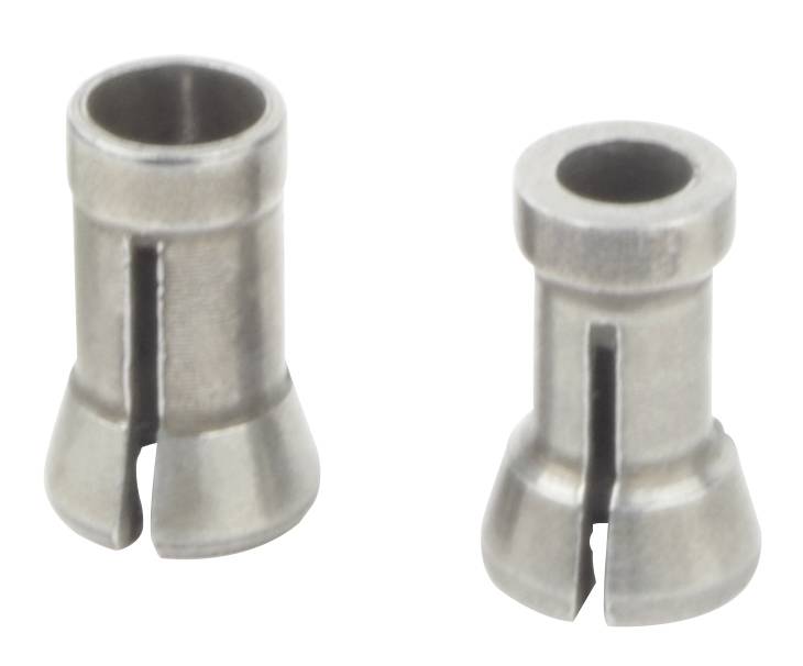 Deux petites pièces métalliques cylindriques avec des rainures, probablement des composants de machine ou des éléments de fixation.