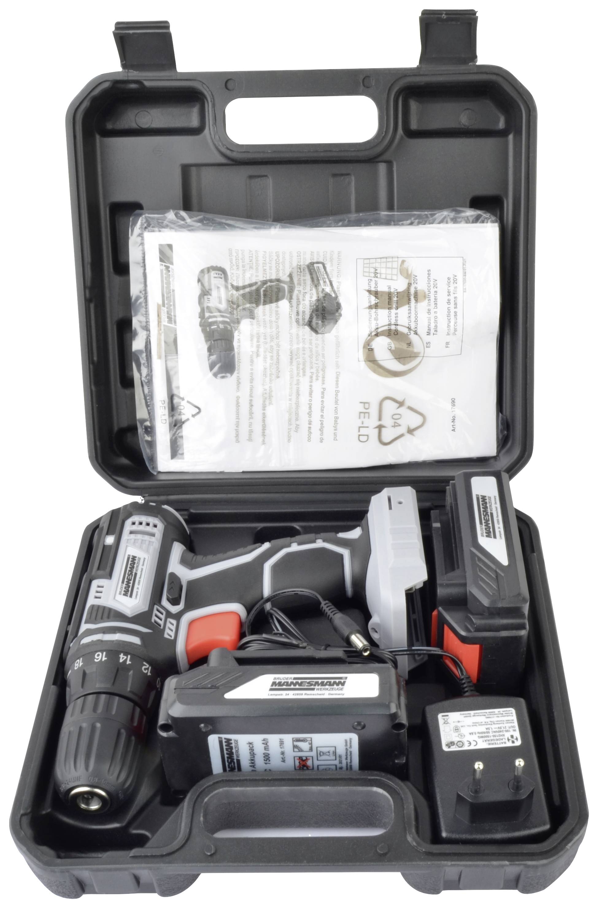 Perceuse-visseuse sans fil Brüder Mannesmann M17690 20 V 1.5 Ah Li-Ion + 2 batteries, + chargeur, + mallette