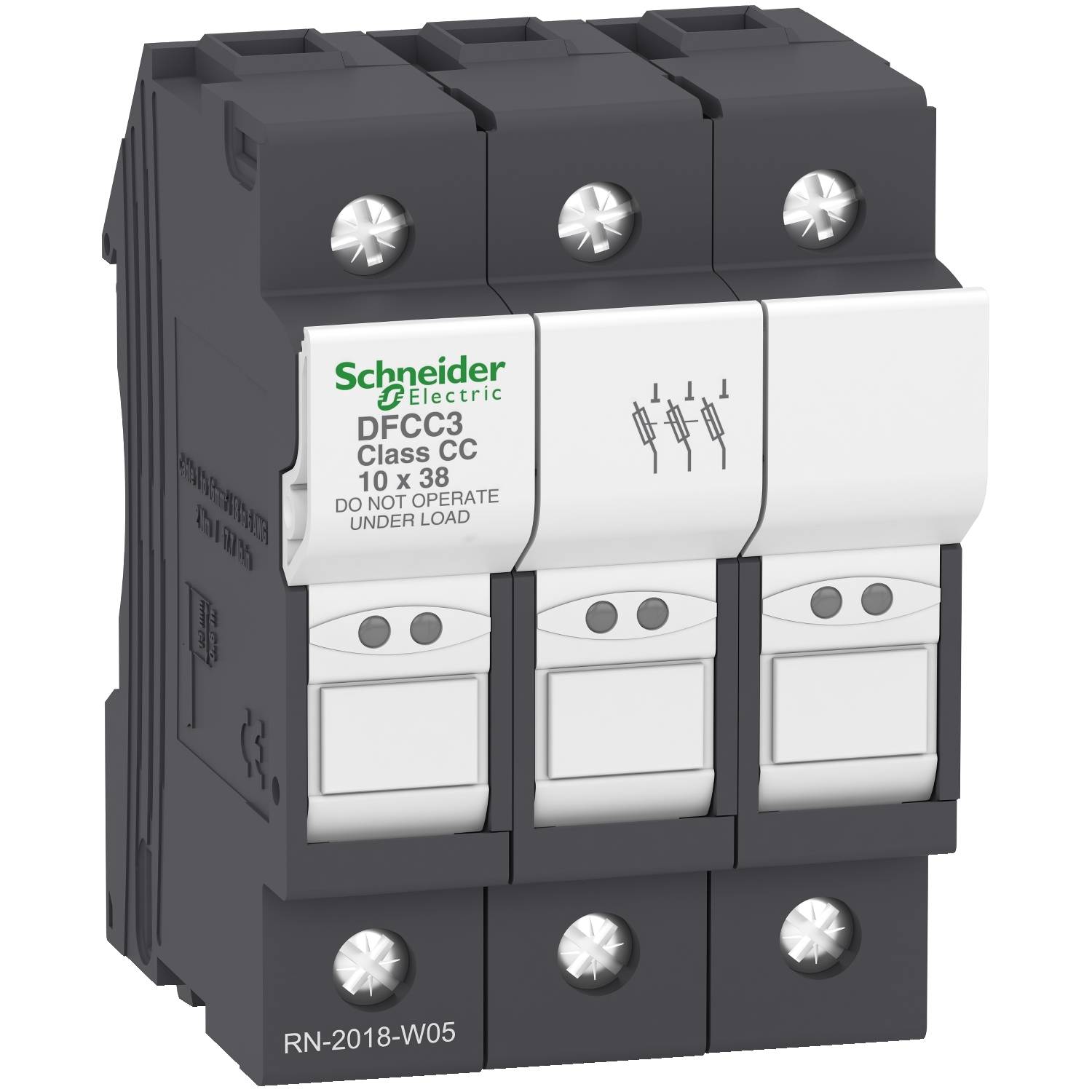 Schneider Electric support de fusibles triphasé, modèle DFCC3 Class CC ; Inscription : 10 x 38, ne pas faire fonctionner sous charge.