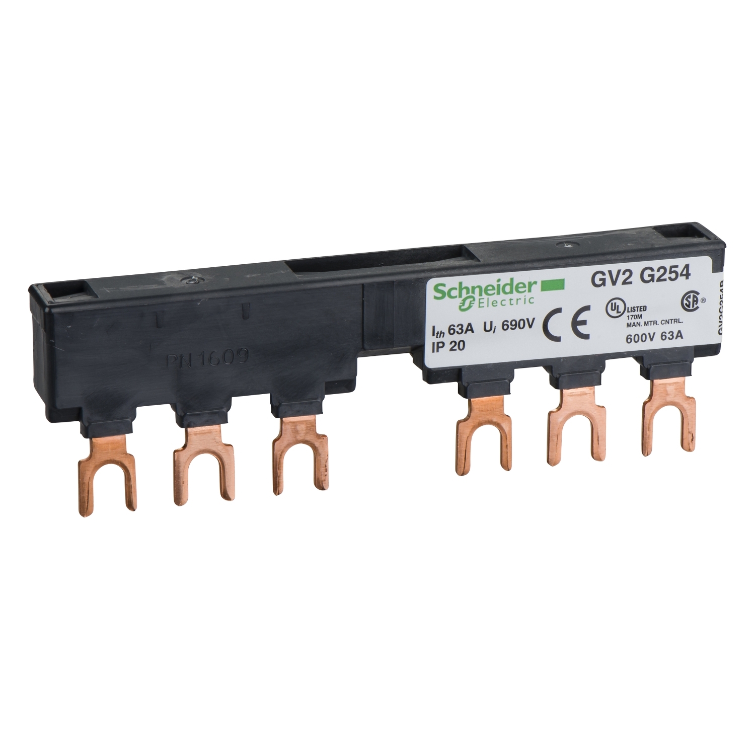 Accessoires de disjoncteur 'Schneider Electric' avec cinq bornes en cuivre, conçus pour la connexion électrique et la protection.