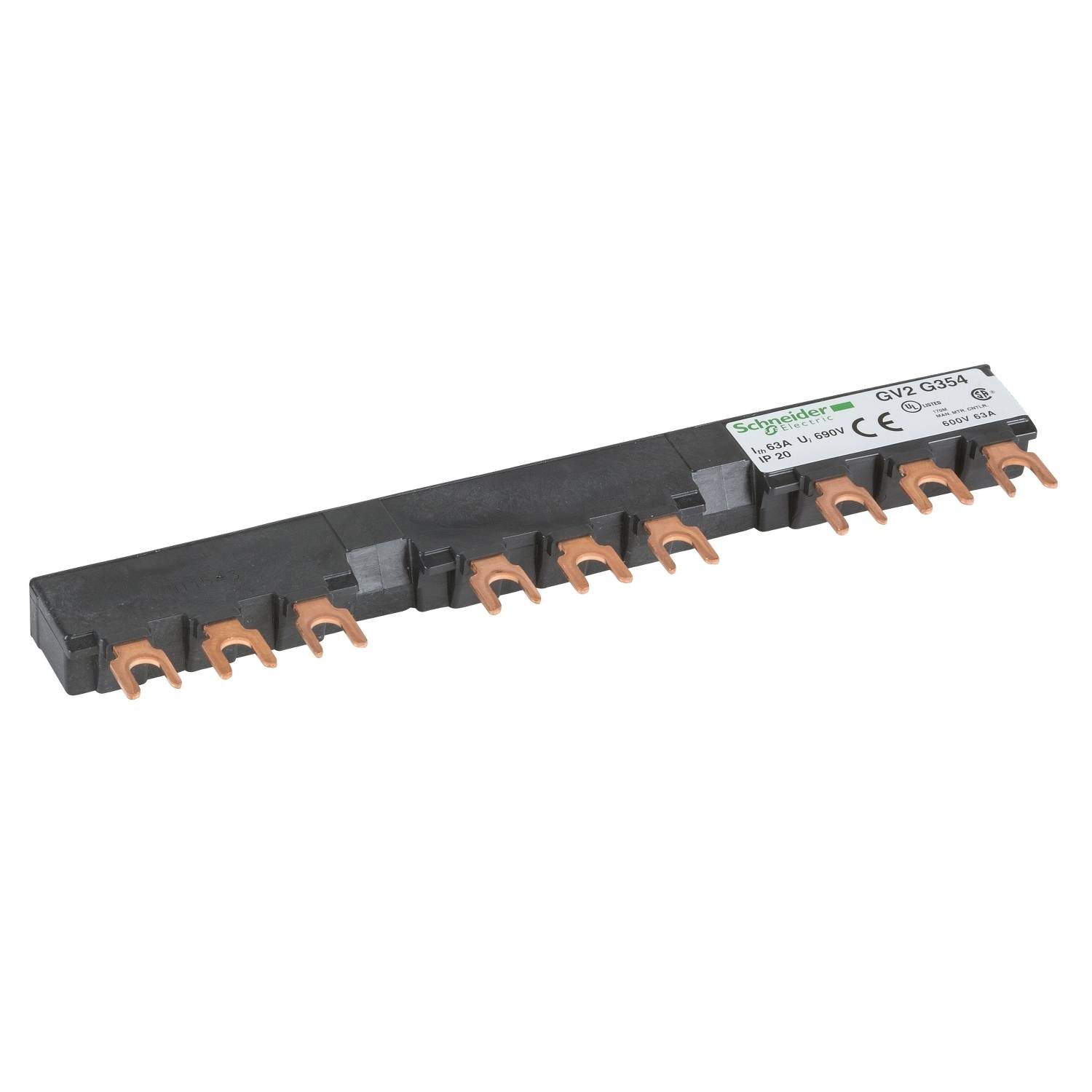 Rail de distribution pour connexions de disjoncteurs. Marron, avec plusieurs bornes contactées, nom de marque visible.