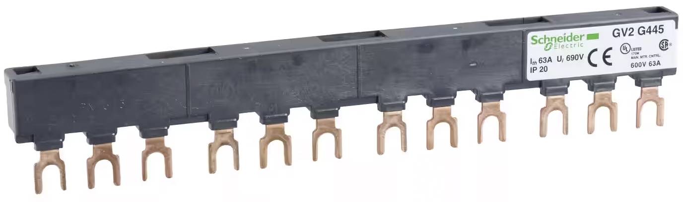 Un adaptateur de busbar noir et allongé de Schneider Electric avec plusieurs contacts en cuivre en bas ; étiquette avec des informations techniques.