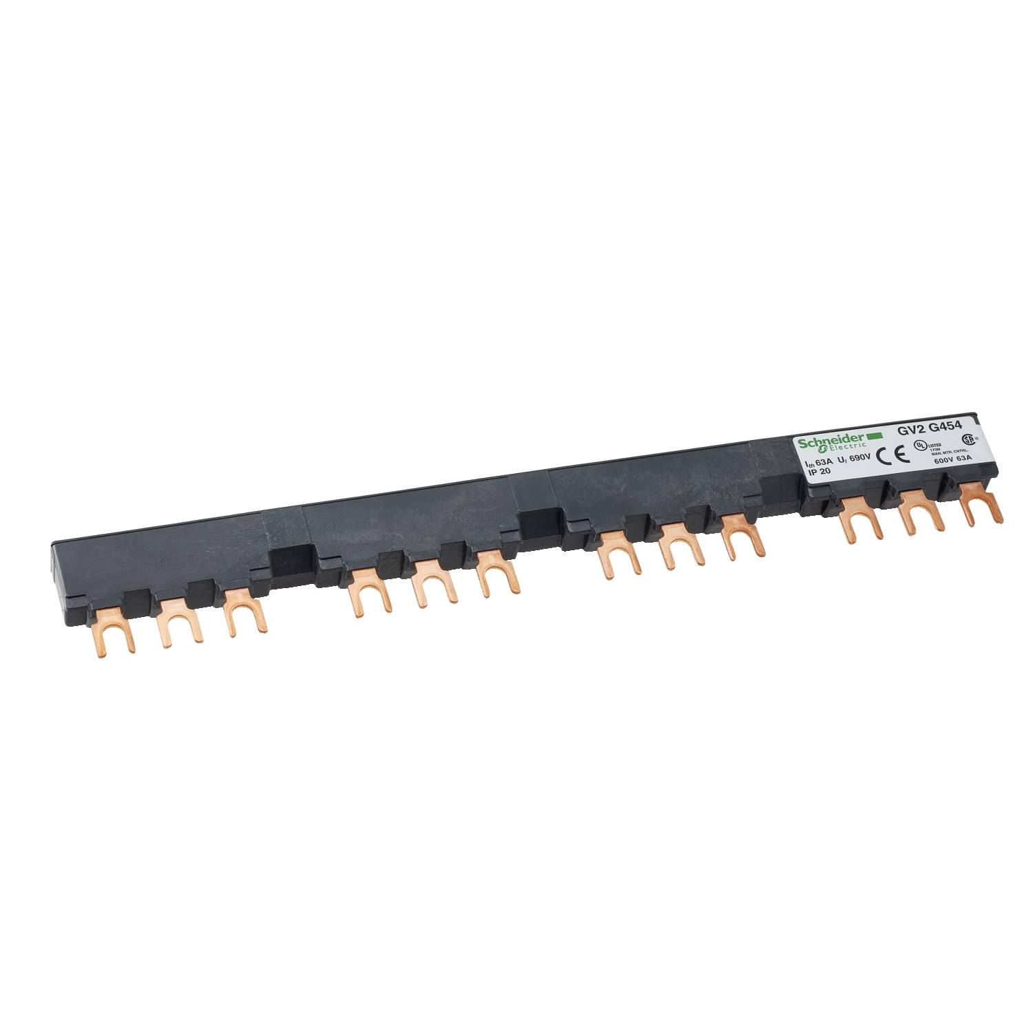 Un connecteur de rail de phase unipolaire. Il est noir avec des contacts couleur cuivre et porte une étiquette de Schneider Electric.
