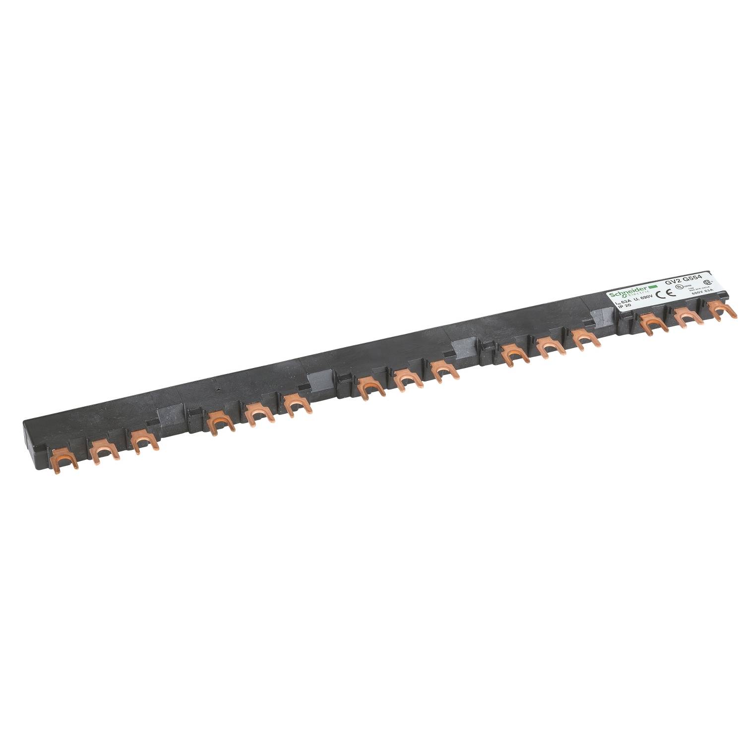 Un connecteur de rail conducteur noir avec plusieurs connexions de couleur cuivre, utilisé pour la distribution électrique dans les installations électriques.