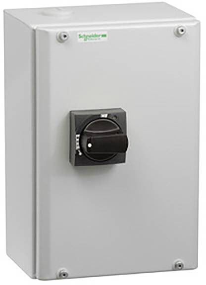 Boîtier de commutation métallique gris avec poignée de rotation noire au centre, adapté pour le contrôle électrique. Marque visible en haut à gauche.