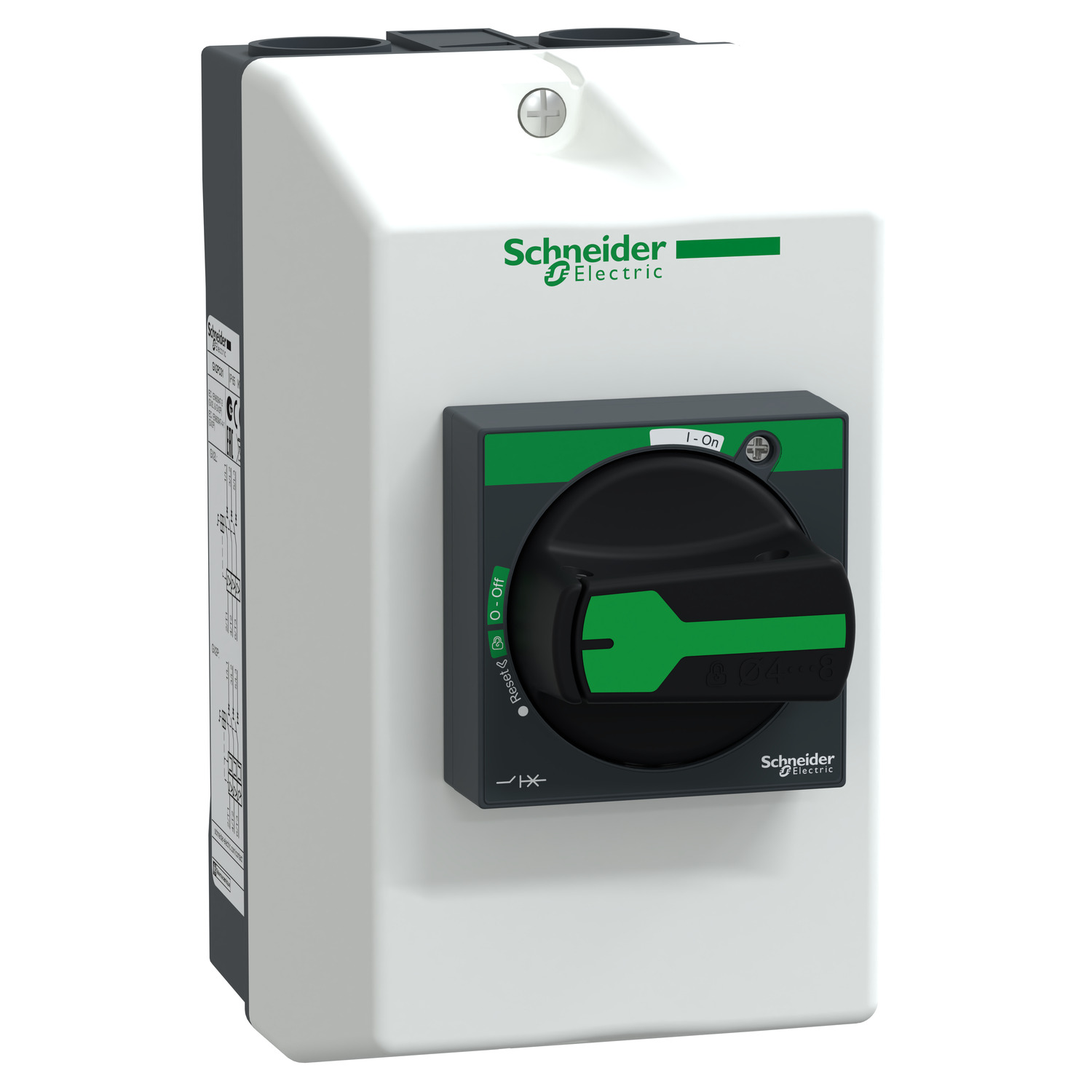 Un interrupteur principal de Schneider Electric avec un grand commutateur rond au centre. L'interrupteur est positionné sur 'ON'.
