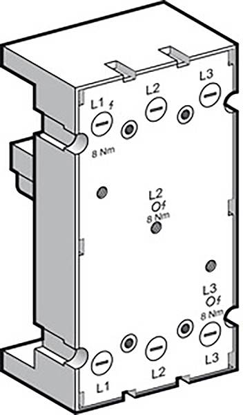 Illustration d'un dispositif électrique multiphasé, étiqueté L1, L2, L3 ; indiquant les positions des vis pour un couple de serrage de 8 Nm.