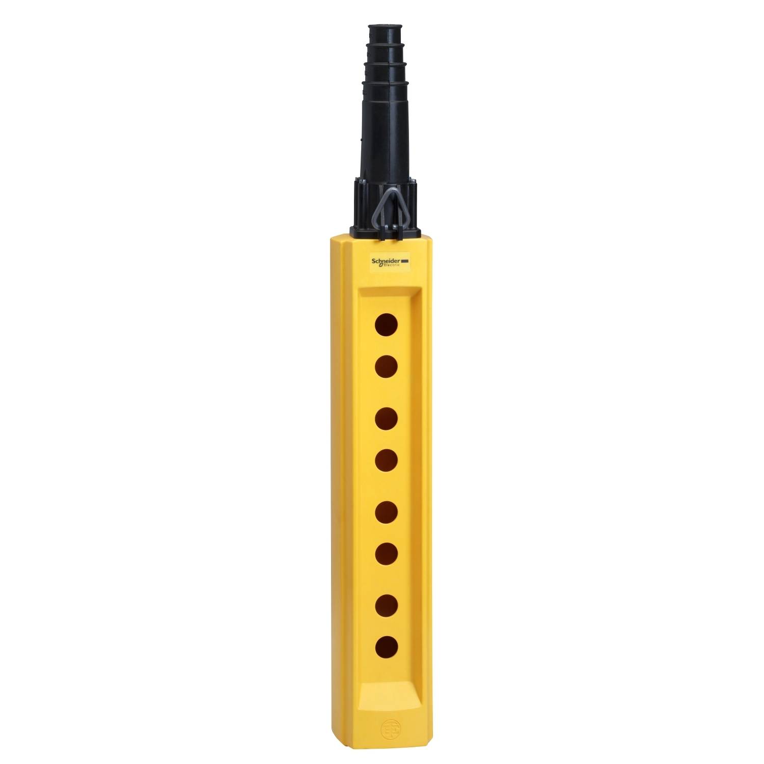 Station de commande universelle Schneider Electric Harmony XAC-B jaune avec huit ouvertures pour boutons ronds, adaptée aux applications industrielles.