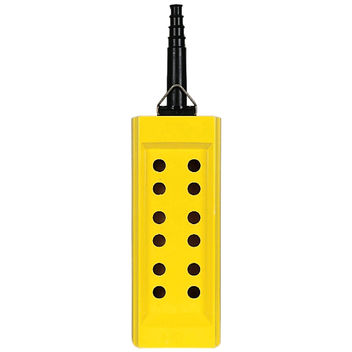 Un appareil jaune rectangulaire avec des emplacements, probablement un répartiteur ou un adaptateur, positionné verticalement avec une poignée noire en haut.