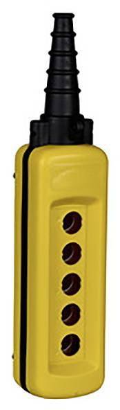 Un interrupteur de télécommande jaune avec quatre boutons rouges disposés du haut vers le bas, protégé par un couvercle noir sur le câble.