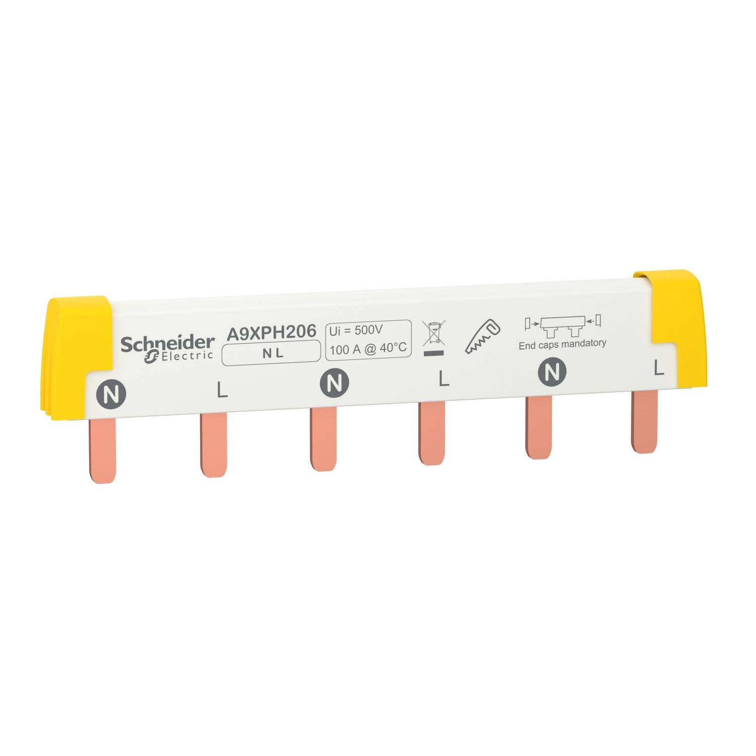 Un connecteur de jeu de barres de Schneider Electric avec le numéro de modèle A9XPH206 pour 500V et 100A maximum.