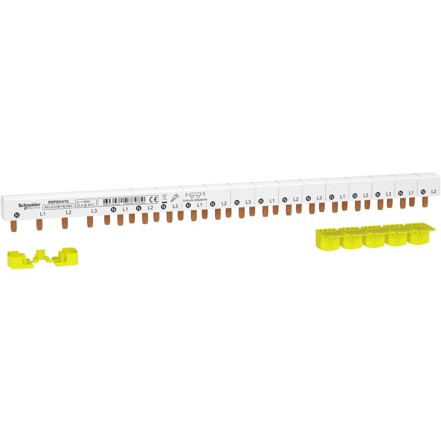 Barre de distribution de type 'Schneider Electric Distribution' avec des capots jaunes. Dispose de 18 connexions ramifiées pour la distribution électrique.