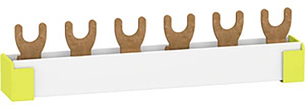 Un support blanc avec des extrémités jaunes, maintenant verticalement cinq outils bruns en forme de fourche.