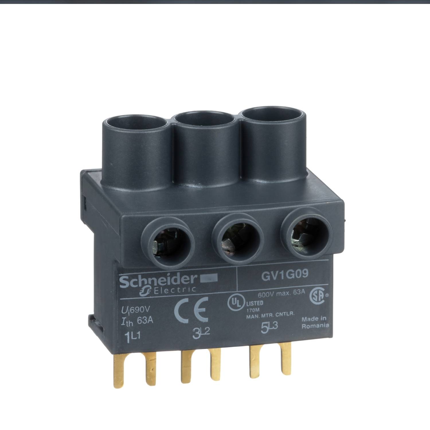 Disjoncteur triphasé Schneider Electric, numéro de modèle GV1609, 63A, marqué du label CE, fabriqué en Roumanie.