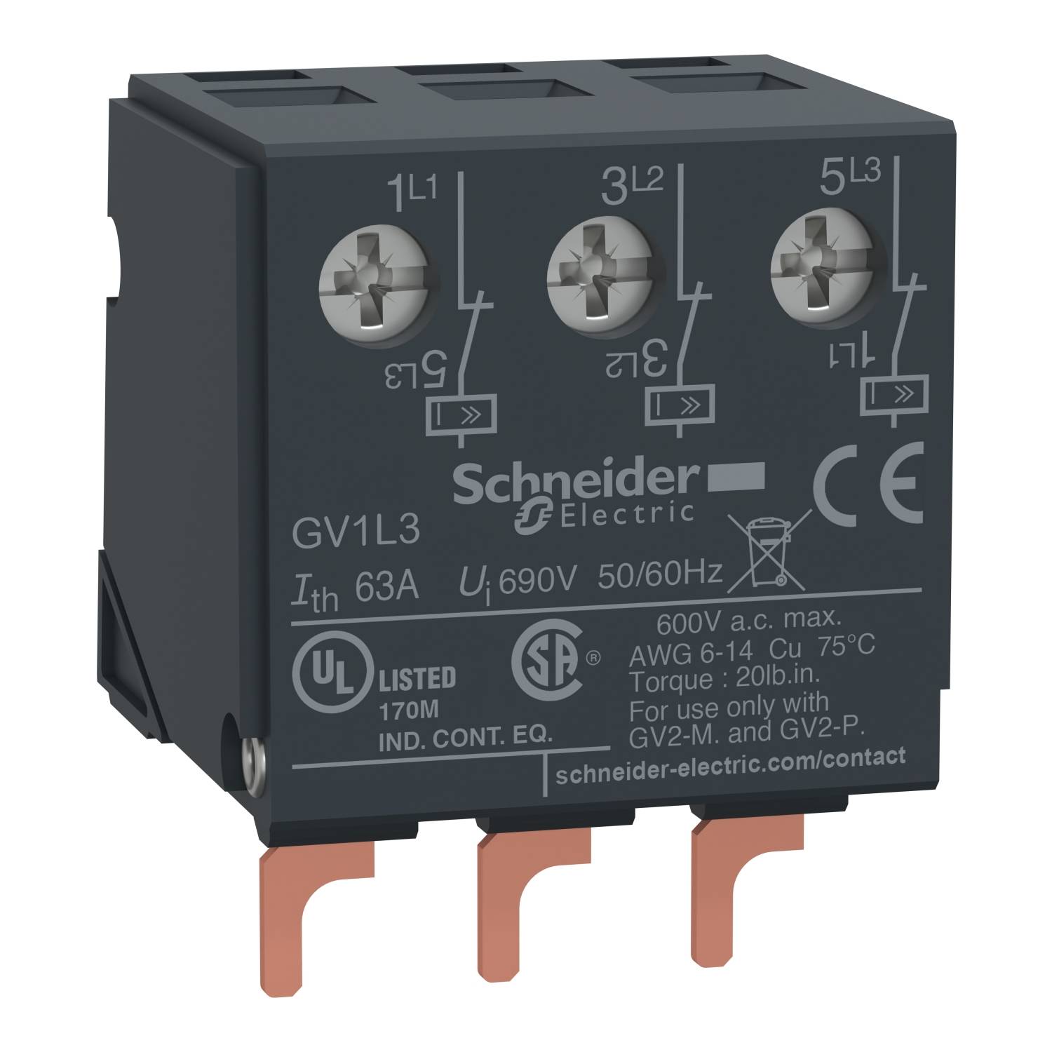 Interrupteur électrique tripolaire portant l'inscription 'Schneider Electric GV1L3', conçu pour 600V et 63A, montrant les bornes de connexion.