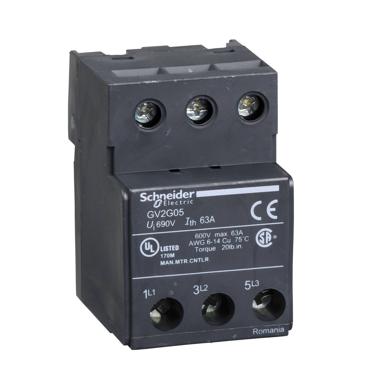 Un appareil électrique tripolaire de Schneider Electric, modèle GV2G05, portant des inscriptions relatives à la tension et à l'intensité du courant.
