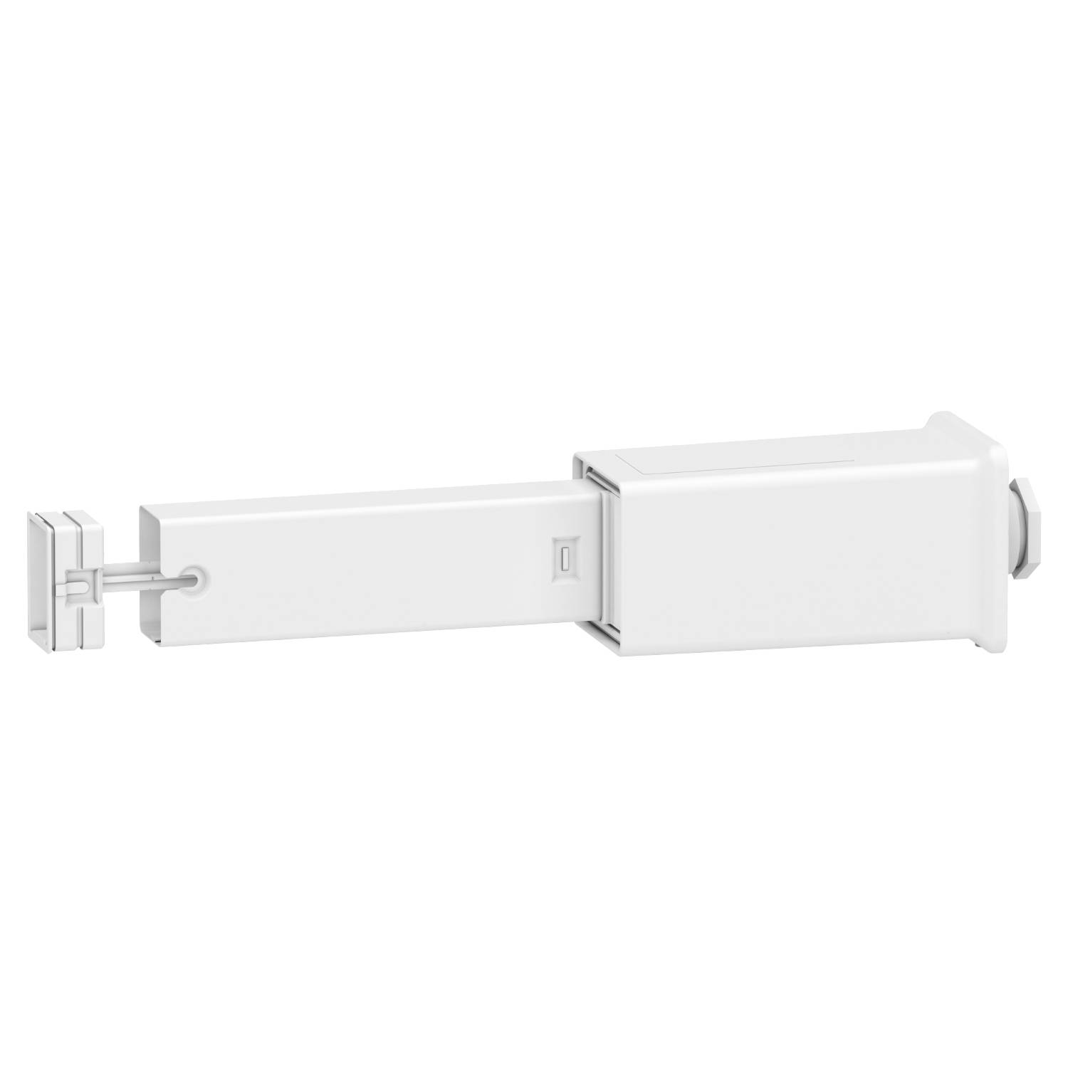 Un support rectangulaire blanc avec un mécanisme coulissant, probablement adapté aux dispositifs techniques ou aux applications de mobilier.