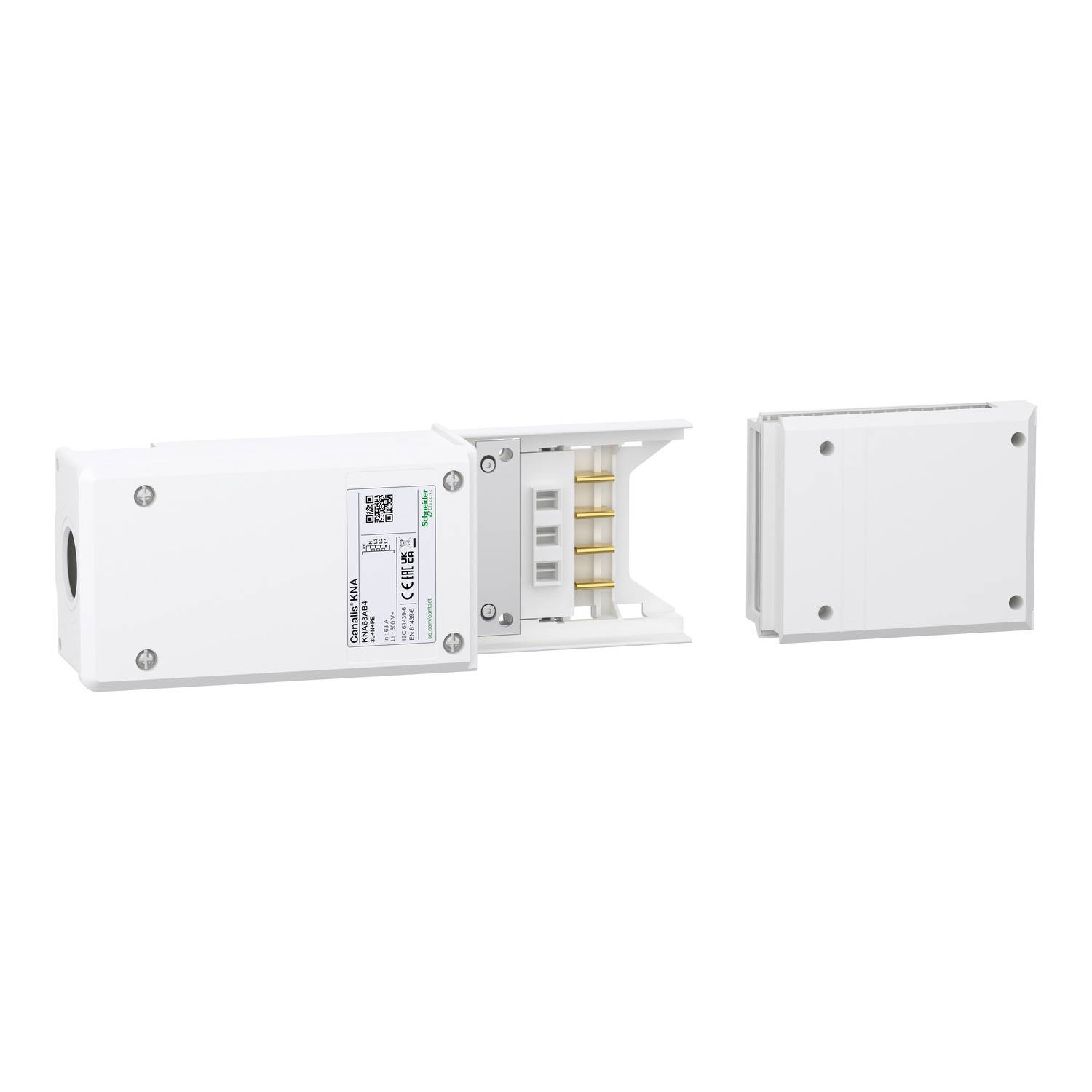 Boîtier électrique blanc avec des connexions internes visibles, divisé en deux parties. Adapté pour le câblage électrique.
