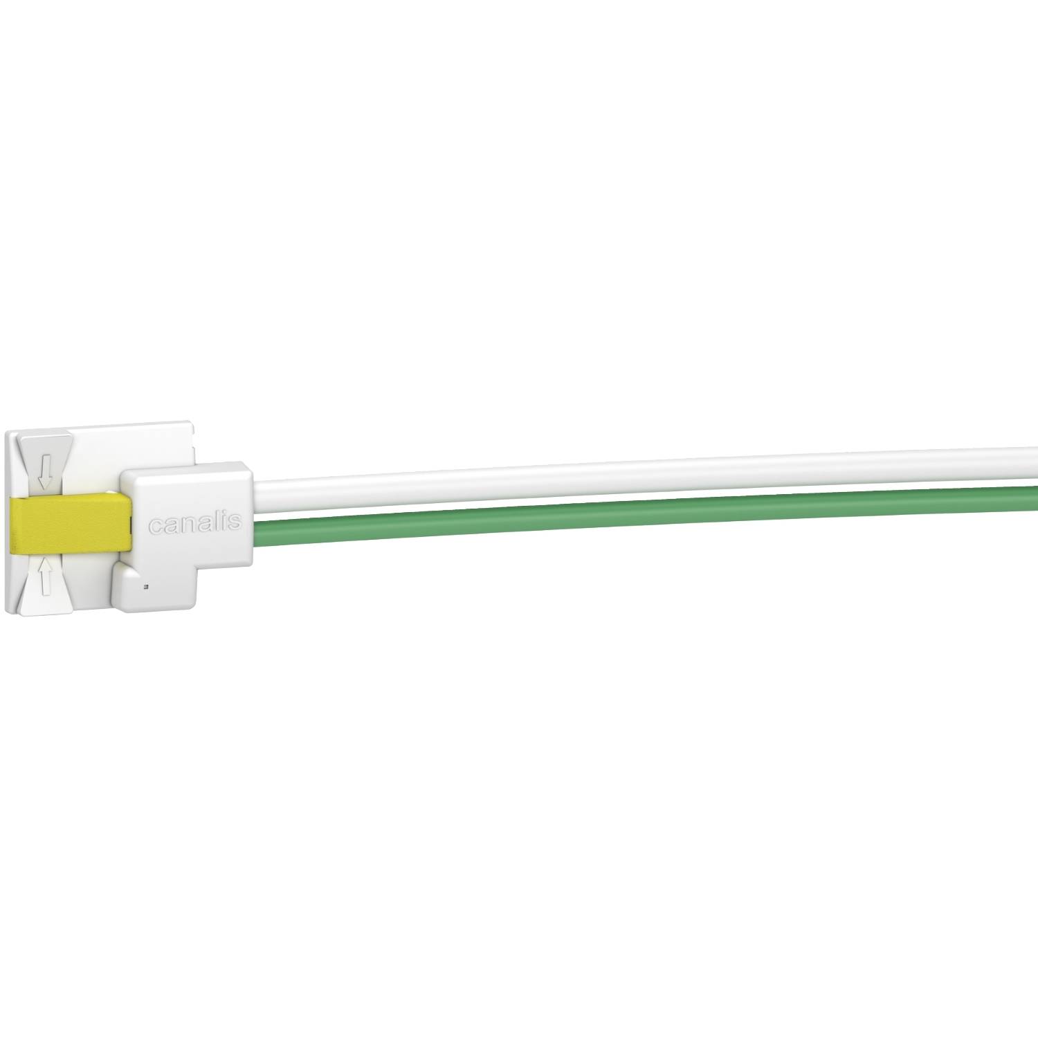 Un connecteur électrique blanc avec deux câbles connectés, l'un vert et l'autre blanc, sur un fond blanc.