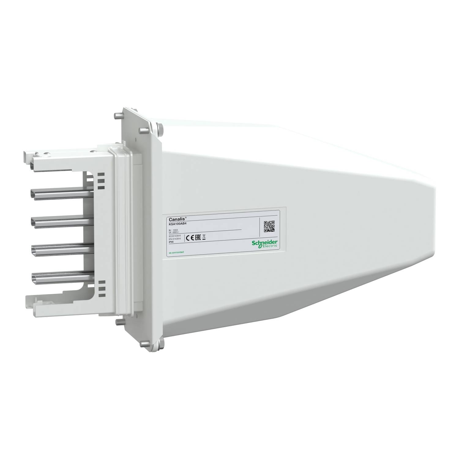 L'image montre un boîtier d'appareillage électrique avec plusieurs connexions enfichables. Il est blanc et porte une étiquette de la marque Schneider.