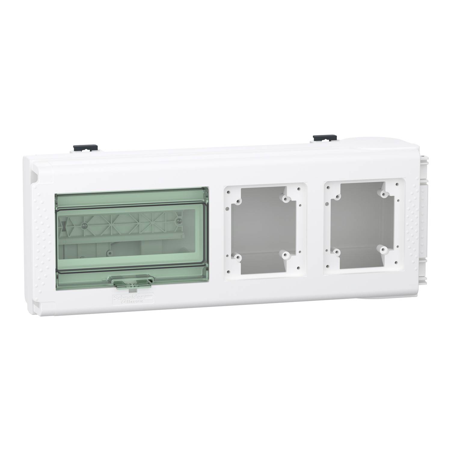 Un boîtier de distribution blanc avec un couvercle transparent vert sur le côté gauche et deux compartiments ouverts sur la droite.