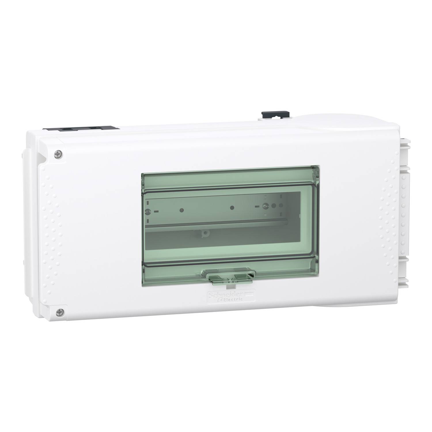Boîte de distribution électrique avec couvercle rabattable transparent vert. Enveloppe rectangulaire blanche.