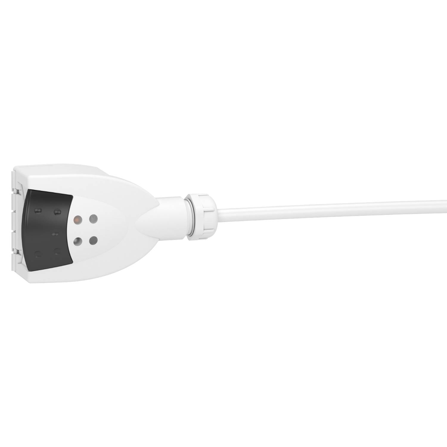 Une fiche électrique angulaire blanche avec un socle de mise à terre et un long câble qui s'étend vers la droite. Le design est simple et fonctionnel.